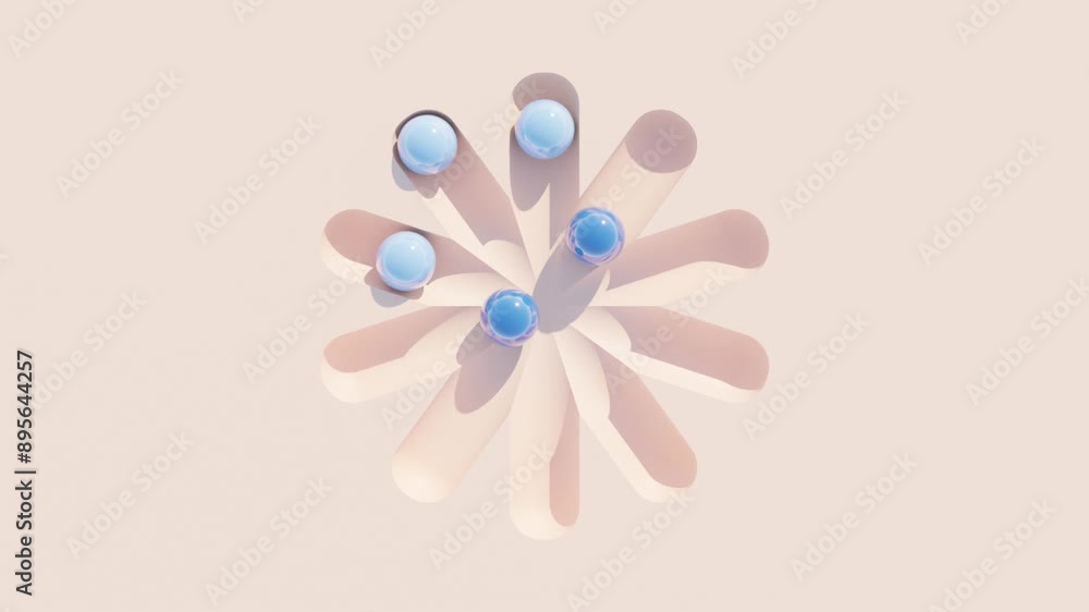 Poster blue and cyan balls on peach surface in abstract 3d animation for modern geometric design and dynami