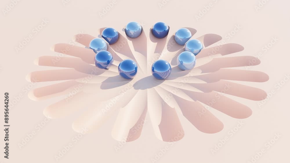 Poster blue and cyan balls on peach surface in abstract 3d animation for modern geometric design and dynami