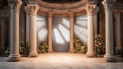 Naklejka premium Classical Architecture with Columns and Floral Arrangements