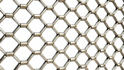 Fototapeta premium Close-up of a metallic wire mesh fence, intricately woven with small hexagonal holes, isolated on a pure white or transparent background.