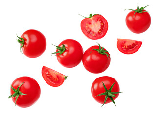 flying fresh tomatoes isolated on white background. clipping path