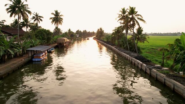 Kerala backwaters, in Alleppey, Kerala, India, Aerial View. Travel along the canals of Kerala, palm trees around. Vacation Concept
