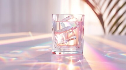   A vase with a plant sits on a table, with a glass of water beside it