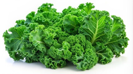 Fototapeta premium Vibrant green fresh curly kale leaves isolated on transparent background with delicate curls and subtle sheen, ideal for health content.
