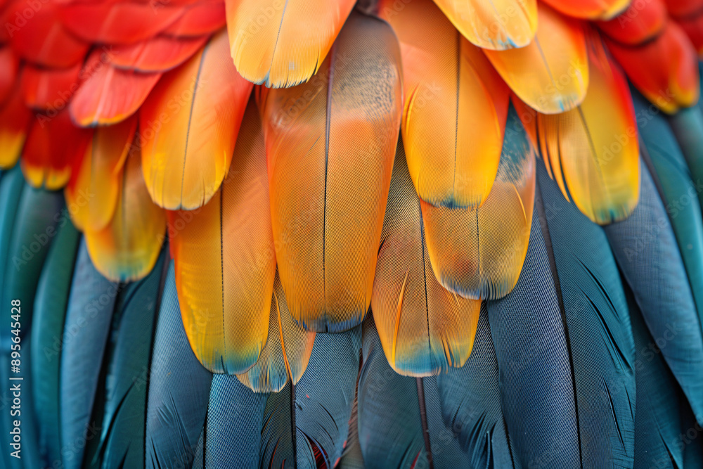 Poster abstract background with a close-up of colorful chicken feathers, macro photography of texture and p