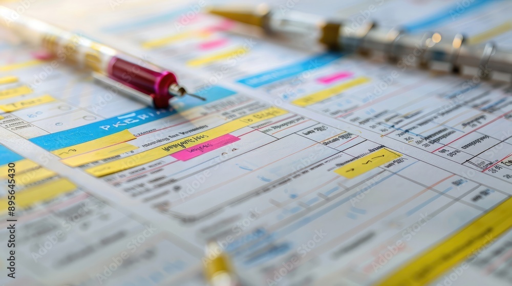 Poster a close-up of a business plan document with highlighted sections and notes.