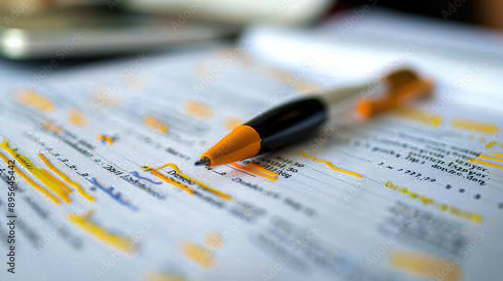 Poster a close-up of a business plan document with highlighted sections and notes.