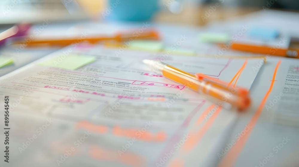 Poster a close-up of a business plan document with highlighted sections and notes.