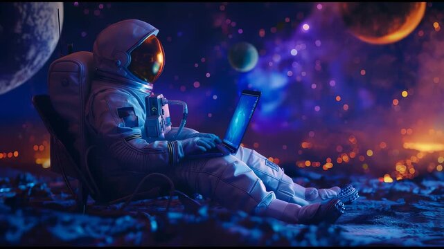 Astronaut Using iMac with space Background