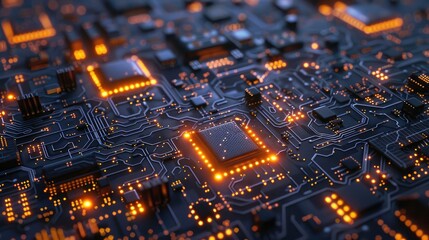 Obraz premium A close-up of a circuit board with intricate patterns and glowing LEDs.