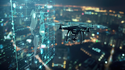 An advanced drone surveillance system with holographic aerial maps and real-time video feeds, enhancing security monitoring in urban environments.
