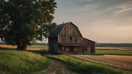 Obraz premium A rustic farmhouse with a barn and surrounding fields, symbolizing rural life and simplicity.