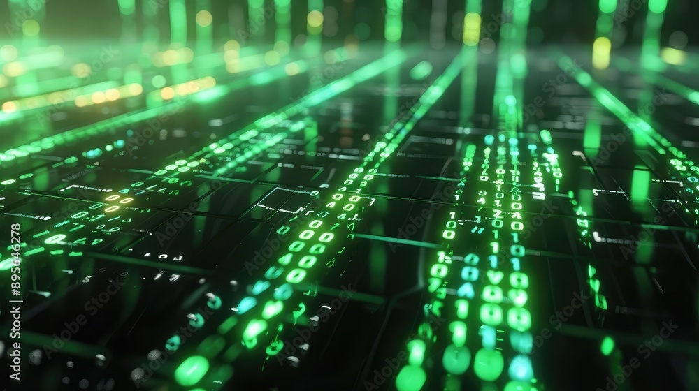 Poster a close-up of a digital matrix with rows of glowing green numbers.