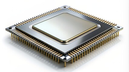 Highly detailed vector illustration of a shiny metallic microchip or integrated circuit on a clean white background with subtle shadows.