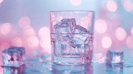  An ice-filled glass sits on a table beside a mound of cubes