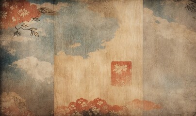 Textured background of aged parchment with landscape illustration, traditional Asian drawing.