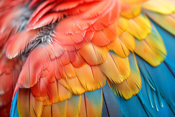 Obraz premium Abstract background with a close-up of colorful chicken feathers, macro photography of texture and pattern. Red rooster's tail feathers showing natural and detailed feather patterns
