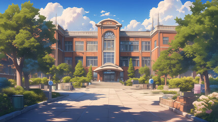 Obraz premium Anime-style school building located in front of a sidewalk.