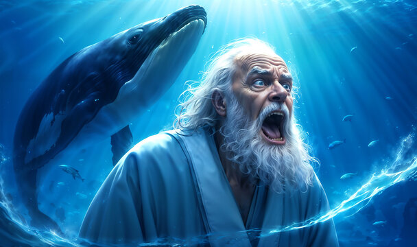 High detailed art illustration of the bible story Jonah and the whale. Biblical scene religious concept.