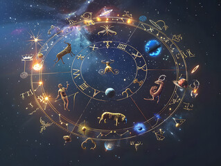 A digital illustration depicting the 12 zodiac signs arranged in a circle, each associated with a corresponding planet and constellation