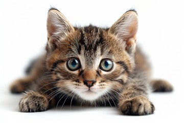 Obraz premium Un adorabile gattino arancione con grandi occhi curiosi e baffi lunghi, ritratto su sfondo bianco. La sua pelliccia soffice e il musetto dolce trasmettono tenerezza e amore, perfetto per una foto.