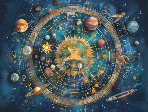 A digital illustration depicting the 12 zodiac signs arranged in a circle, each associated with a corresponding planet and constellation