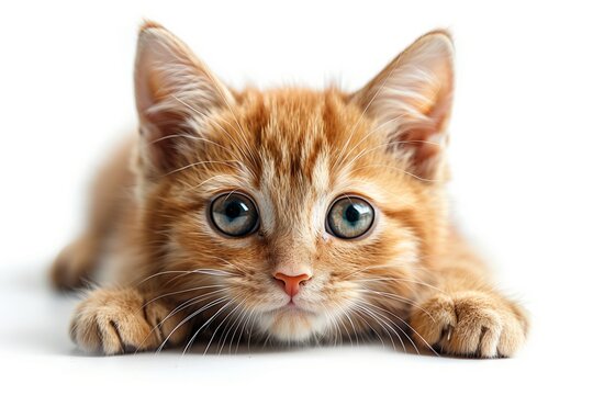 Un adorabile gattino arancione con grandi occhi curiosi e baffi lunghi, ritratto su sfondo bianco. La sua pelliccia soffice e il musetto dolce trasmettono tenerezza e amore, perfetto per una foto.