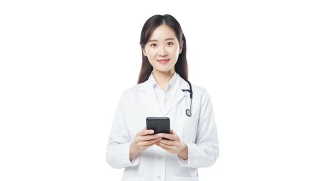 Young asian female doctor, therapist holding mobile phone, answer patients messages on healthcare app, standing on transparent background.
