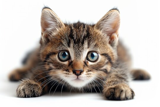 Un adorabile gattino arancione con grandi occhi curiosi e baffi lunghi, ritratto su sfondo bianco. La sua pelliccia soffice e il musetto dolce trasmettono tenerezza e amore, perfetto per una foto.
