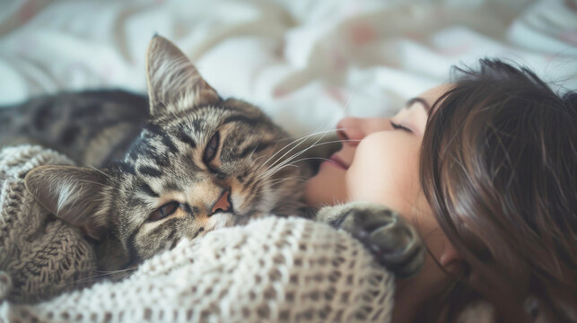 Cute cat lying next to its owner on the bed, both relaxed and happy