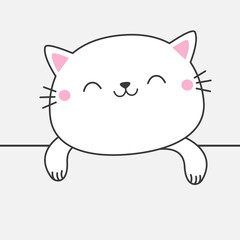 Peeking white smiling cat hanging on white paper. Kitten hands. Paw print on the table. Line contour silhouette. Funny Kawaii pet animal. Cute cartoon character. Flat design. White background. Vector