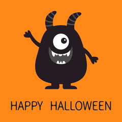Happy Halloween. Cute monster icon. Smiling face head. One eye, fang tooth, horns, hands. Black silhouette. Cartoon boo spooky kawaii funny baby character. Flat design. Orange background. Vector