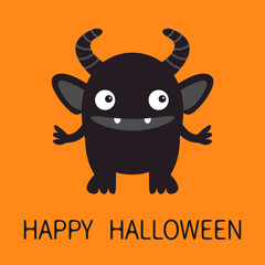 Cute monster icon. Smiling face head. Eyes, fang tooth, horns. Black silhouette. Happy Halloween. Cartoon boo spooky kawaii funny baby character. Flat design. Orange background. Vector illustration
