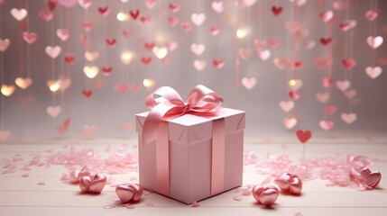 A Valentine's Day-themed photo backdrop with a pink gift box, surrounded floating hearts and roses on the floor.wallpaper, background, backdrop. 