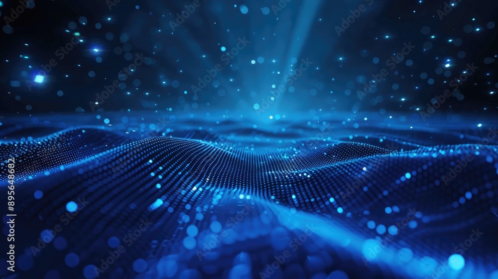 Poster abstract blue light with technology particles and points mesh, creating a modern digital background
