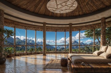 a room with a view of mountains and mountains