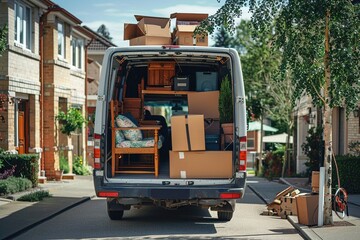 Truck filled with furniture and moving boxes, parked in a residential area 