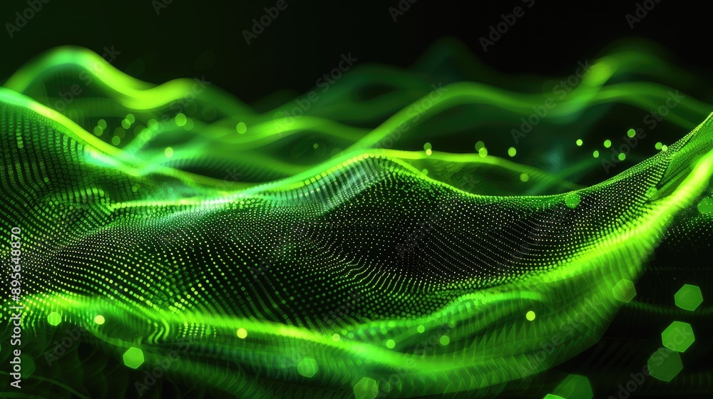 Poster abstract green wave of particles on dark background, big data visualization and ai concept