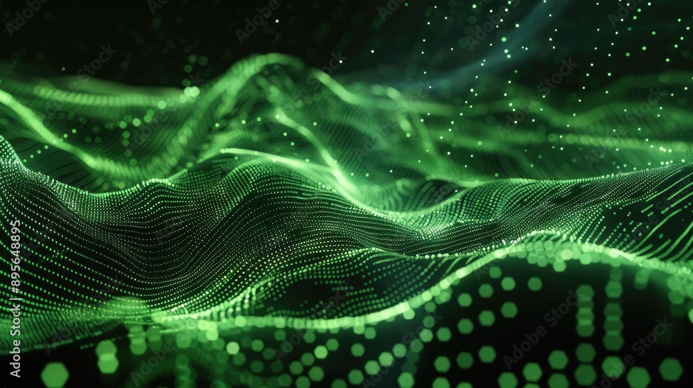 Poster abstract green wave of particles on dark background, big data visualization and ai concept