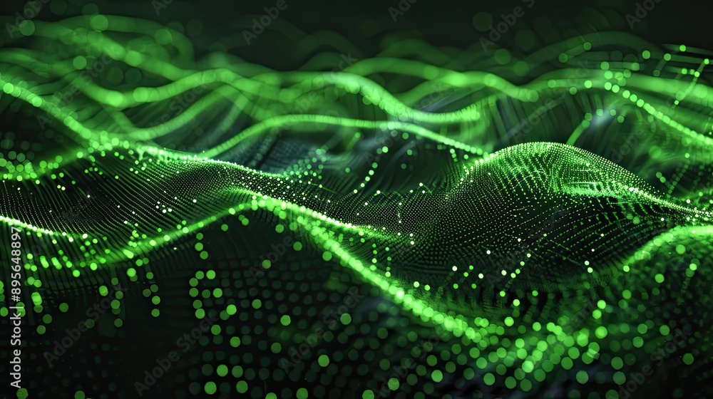 Poster abstract green wave of particles on dark background, big data visualization and ai concept