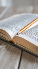 A Blank Open Book with Pencil on a Light Wooden Background