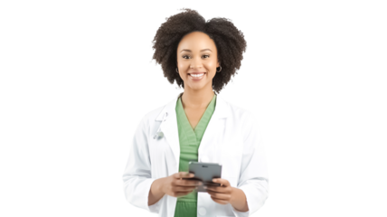 Young african american female doctor, therapist holding mobile phone, answer patients messages on healthcare app, standing on transparent background.