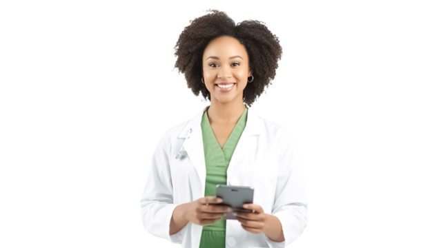 Young african american female doctor, therapist holding mobile phone, answer patients messages on healthcare app, standing on transparent background.

 - Powered by Adobe
