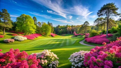 Vibrant pink azalea blooms border lush green fairways of a serene golf course under a brilliant clear blue sky.