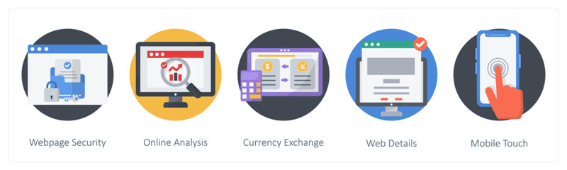 A set of 5 Business icons as webpage security, online analysis, currency exchange