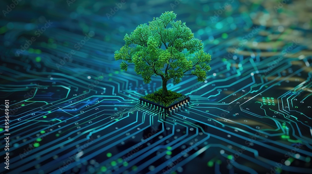 Poster computer circuit board with a growing tree, blue wireframe network background, symbolizing green tec