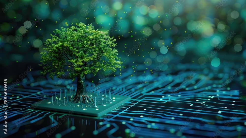 Poster computer circuit board with a growing tree, blue wireframe network background, symbolizing green tec