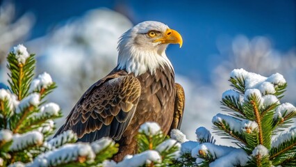 Obraz premium Regal American Bald Eagle perches majestically atop a snow-capped pine tree, gazing proudly into the distance with piercing brown eyes.