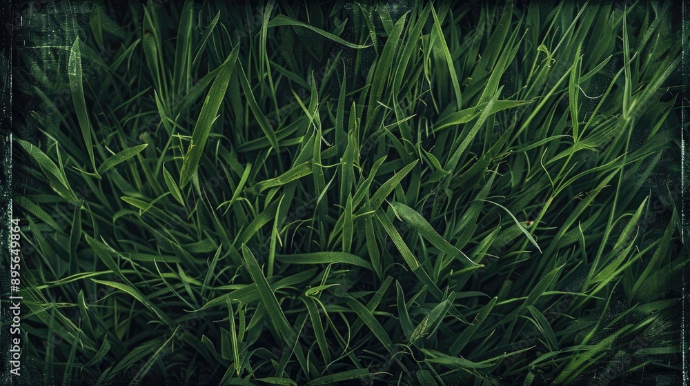 Poster dark green grass leaf texture with subtle vignette border, perfect for creating a moody and textured