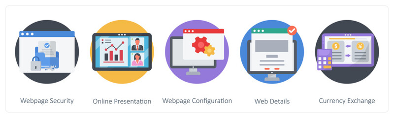 Fototapeta premium A set of 5 Business icons as webpage security, online presentation, webpage configuration